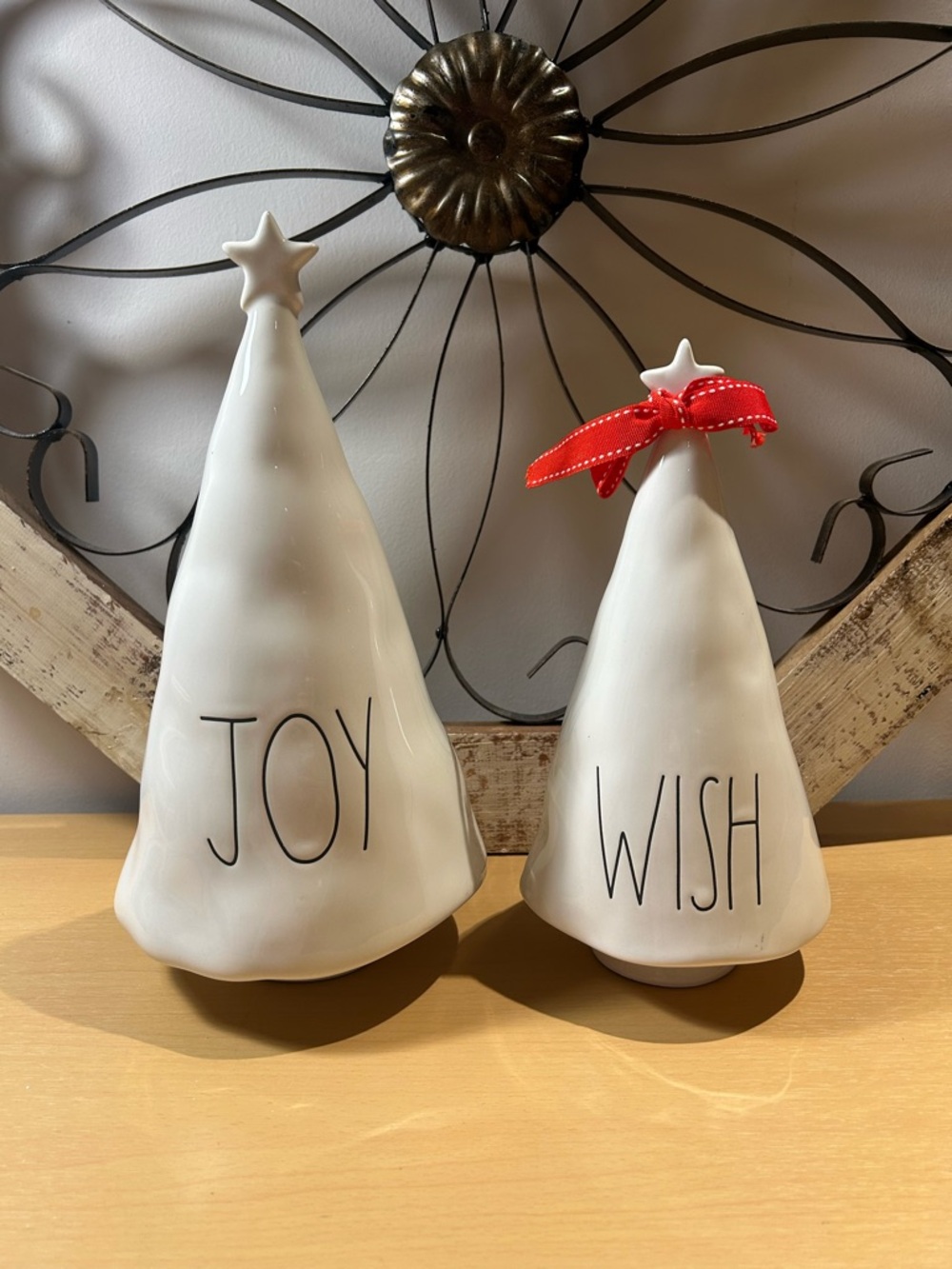 RAE DUNN White Ceramic 'Joy' and 'Wish' Holiday Tree Set